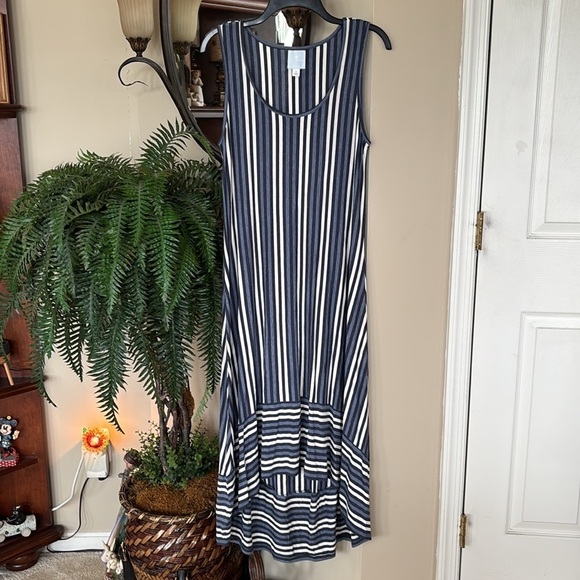 Sunday Anthropologie Blue White Striped High Low Maxi Dress Sleeveless Stretch - Picture 1 of 14